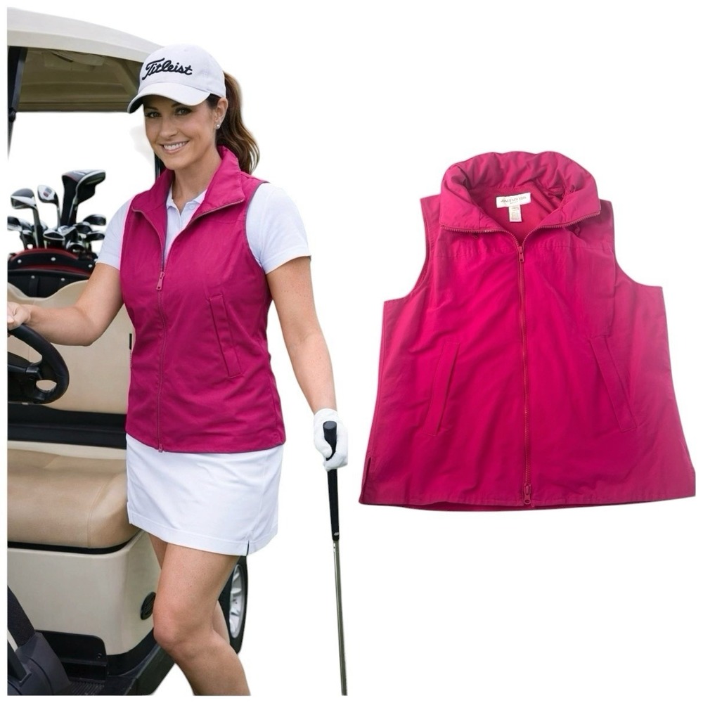 Womans pink Golf Vest sz S Full Zip Hood Pockets Lightweight Jones NY Sport EUC!